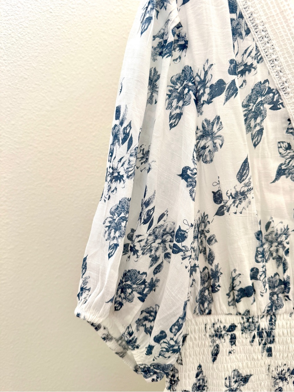 Smocked V-Neck White Maxi Dress with Blue Floral Print - Picture 4 of 7
